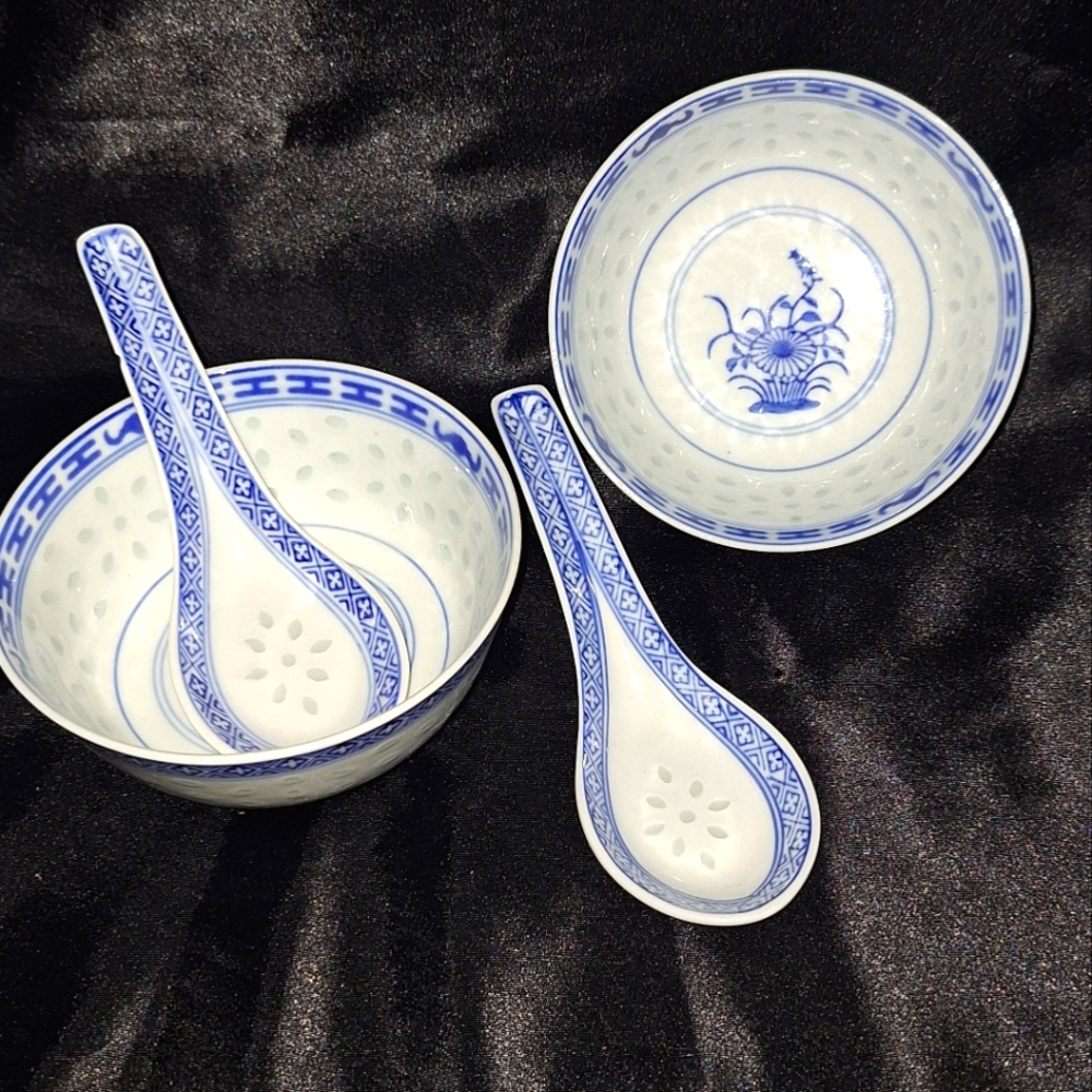 Two Vintage Chinese Rice Bowls With Spoons~Blue & White Porcelain~Translucent